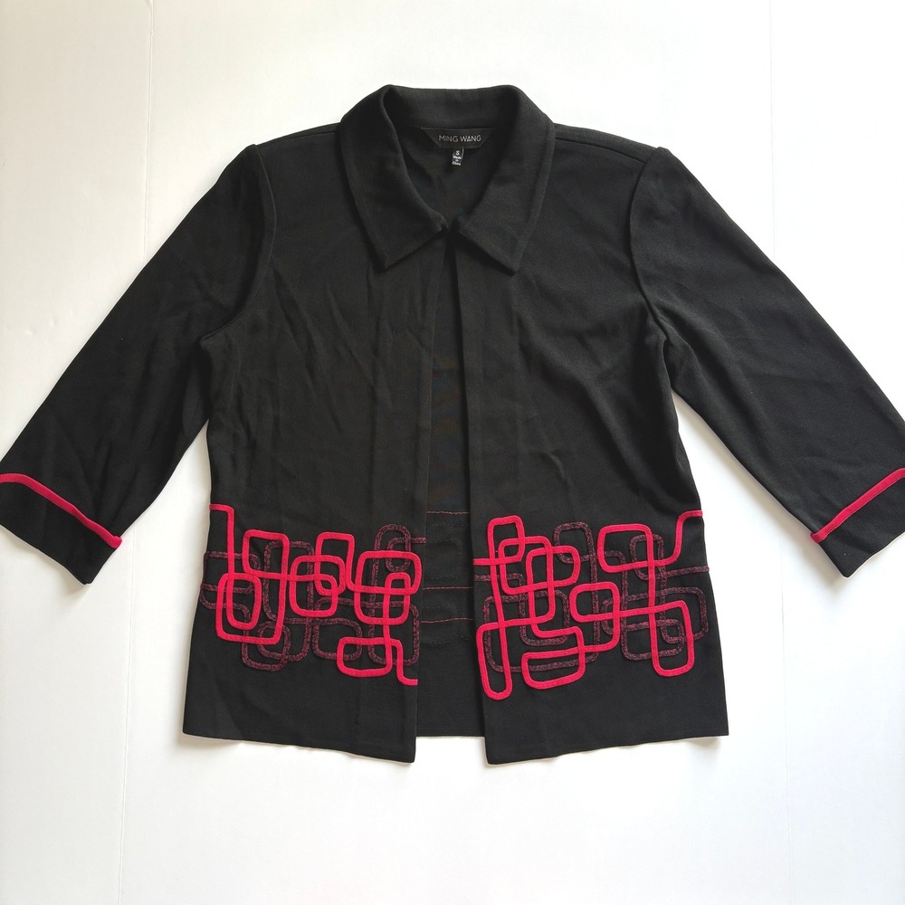 Ming Wang Black Red Geometric Soutache Knit Jacket Hook Eye Closure Small